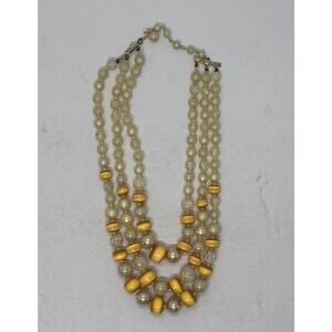 Vintage Amber Iridescent Triple Strand Layered Beaded Necklace Stamped Japan